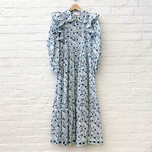 Mary Marshmallow || Floral Block Print Ruffle Collar Maxi Dress Blue White XS